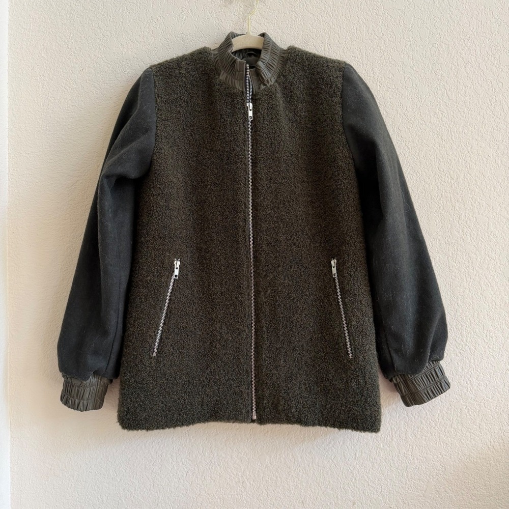 SIR. The Label Mixed Media Boucle Wool Bomber Jacket Olive Green Leather Trim S - Picture 7 of 16